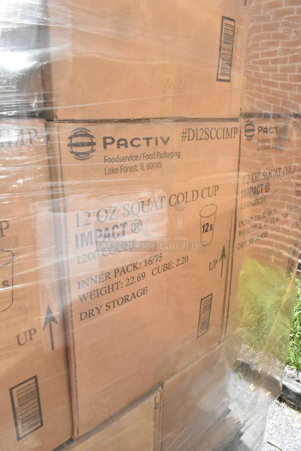 Cardboard cases of 12 oz Pactiv squat cold cups, labeled for dry storage, wrapped in plastic, showing scratch and dent condition.