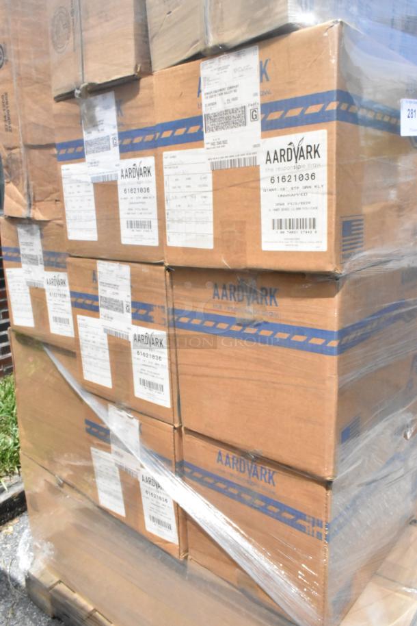 Pallet of boxed Aardvark products, labeled "61621036." Includes new scratch and dent items like to-go containers and straws.