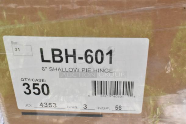 Label showing "LBH-601, 6" Shallow Pie Hinge," Qty/Case: 350, Box 31. Part of scratch-and-dent auction items.