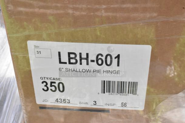 Cardboard box labeled "LBH-601, 6' Shallow Pie Hinge," quantity 350 per case, Box 31.