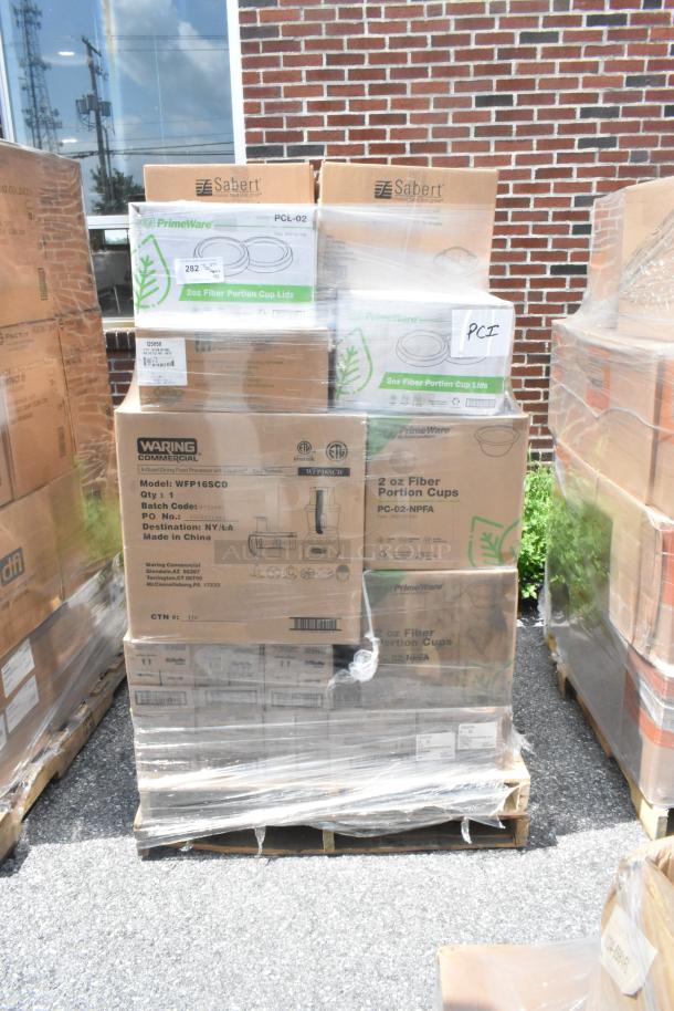 Boxes of PrimeWare and Sabert food containers and lids, new scratch and dent, on pallets. Labels indicate 2oz portion cup lids.
