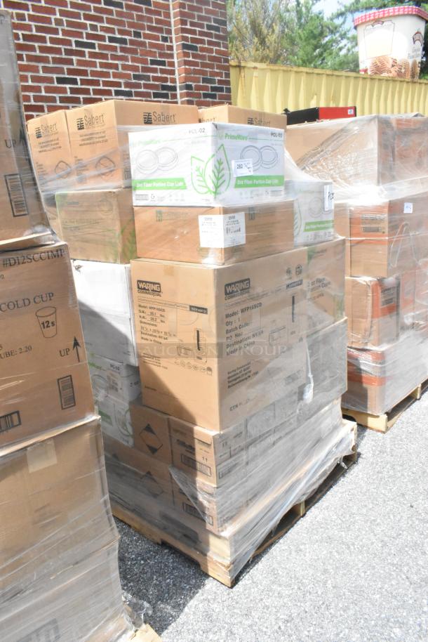 Pallet of 45 scratch and dent boxes including Sabert to-go containers and PrimeWare portion cup lids, wrapped and ready for shipment.