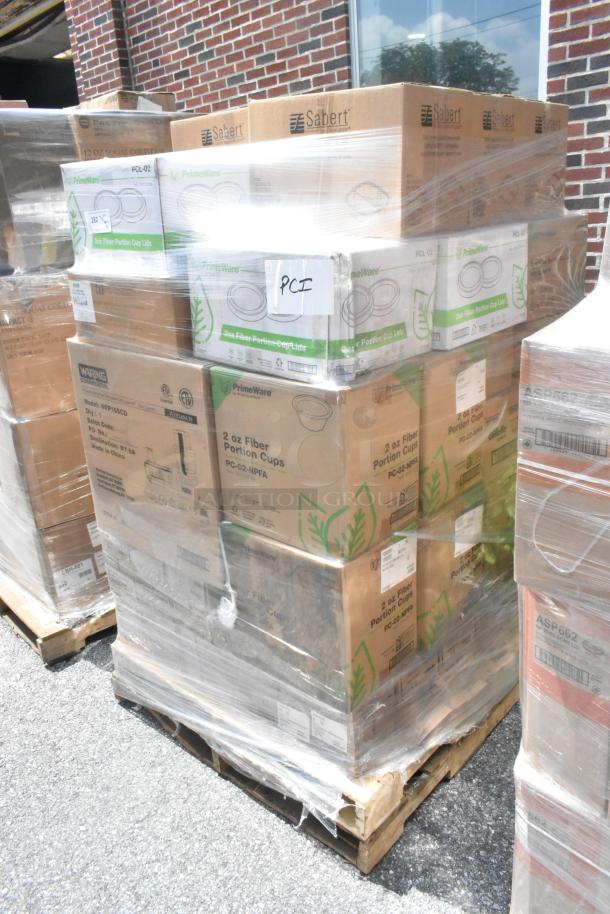 Pallet of 45 new items including Sabert to-go containers and PrimeWare portion cup lids, wrapped in plastic.