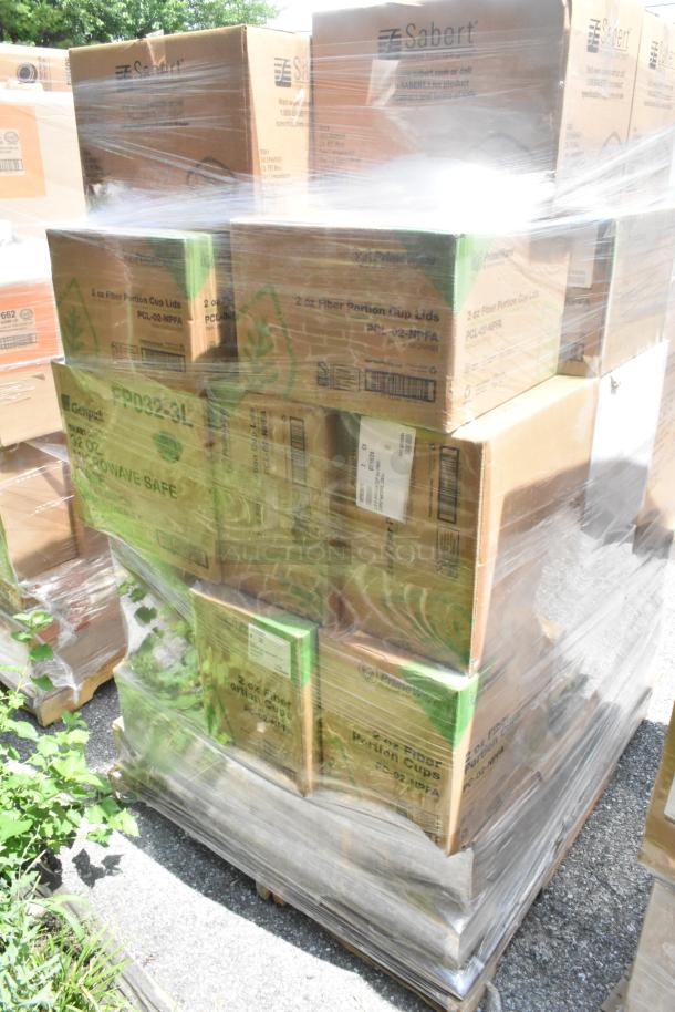 Pallet of 45 new scratch and dent boxes, containing Sabert to-go containers and portion cup lids.