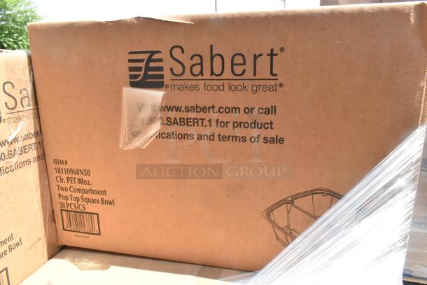 Cardboard box labeled "Sabert," containing 50 PET 8oz. two-compartment pop top square bowls. Scratch and dent, new condition.