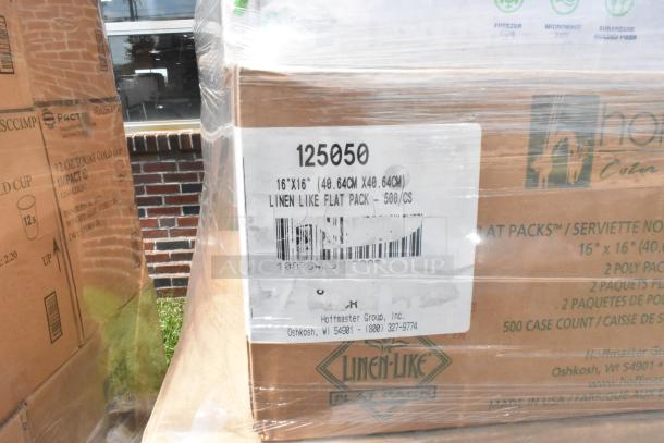 Boxes of 16"x16" Linen-Like flat packs by Hoffmaster Group. Label indicates 500 per case, new condition.