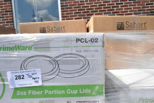 Brand new scratch and dent items, including Sabert to-go containers and PrimeWare portion cup lids PCL-02. Boxes shown.