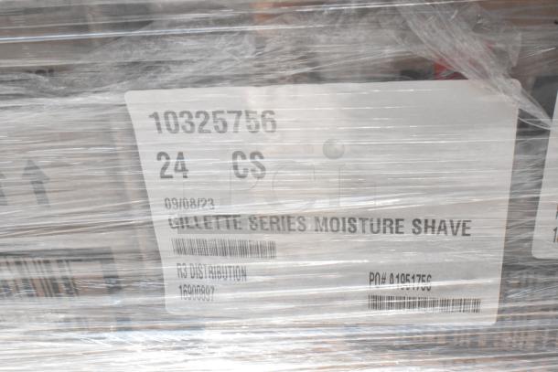 Bulk pallet with 45 scratch and dent items, including containers and lids. Label shows "Gillette Series Moisture Shave," 24 cases.