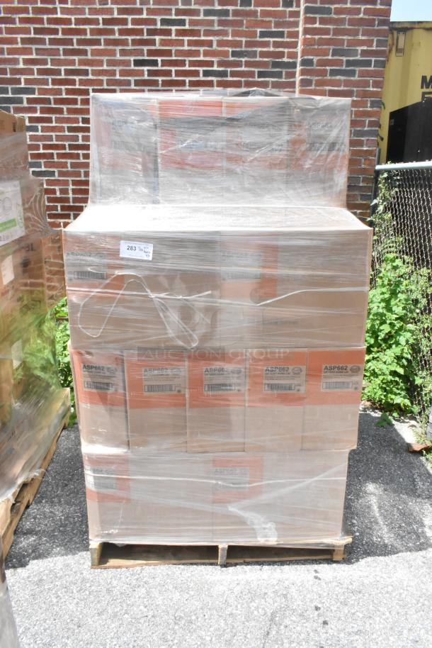 Pallet of 43 new boxes of ASP662 Sip Thru Dome Lids, scratch and dent, plastic-wrapped, outdoors near a brick wall.