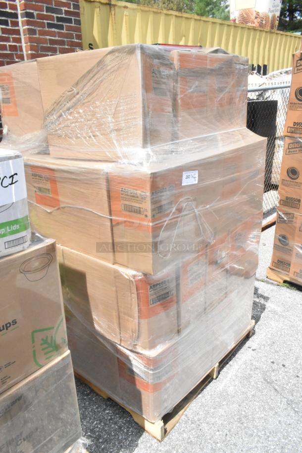 Pallet of 43 boxes of ASP662 Sip Thru Dome Lids. New but scratch and dent condition. Wrapped for auction.