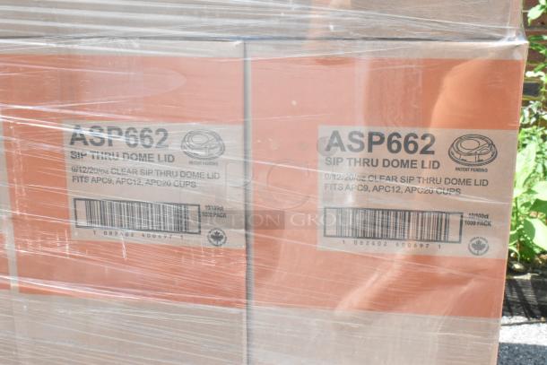 43 new boxes of ASP662 Sip Thru Dome Lids, 9/12/20oz fit, bids multiplied by 43. Some boxes marked scratch and dent.