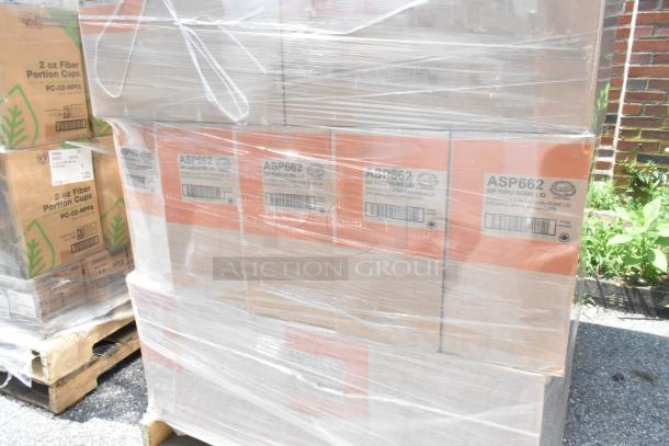 Pallet of 43 boxes of ASP662 Sip Thru Dome Lids, new with scratch and dent condition, wrapped in plastic for auction.