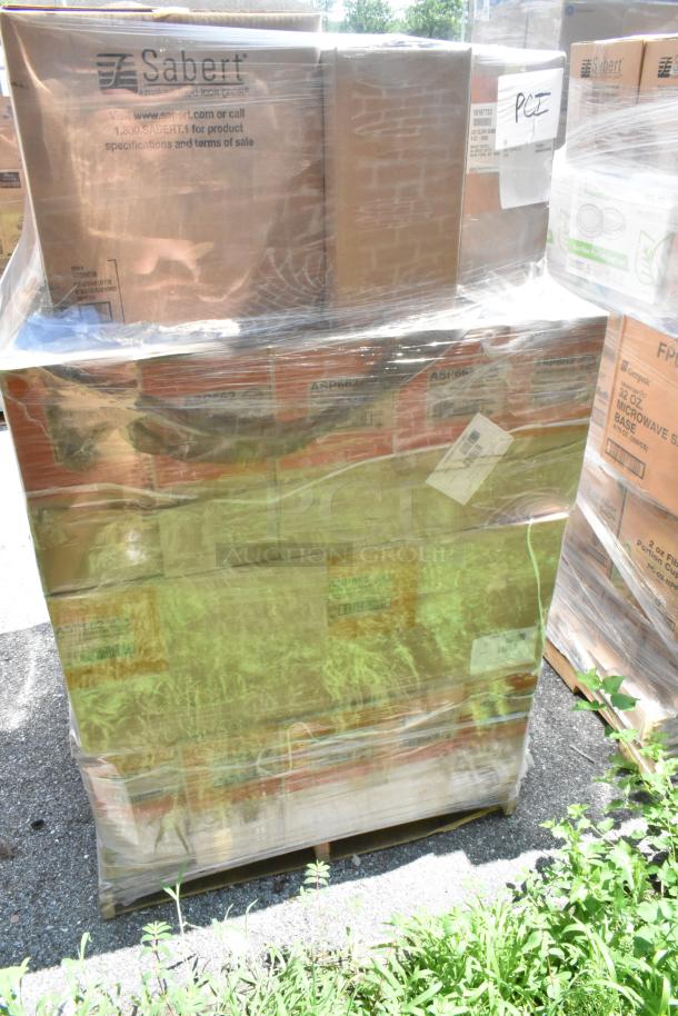 Pallet with 43 boxes of ASP662 Sip Thru Dome Lids, new scratch and dent condition, wrapped in plastic. Sabert branding visible.