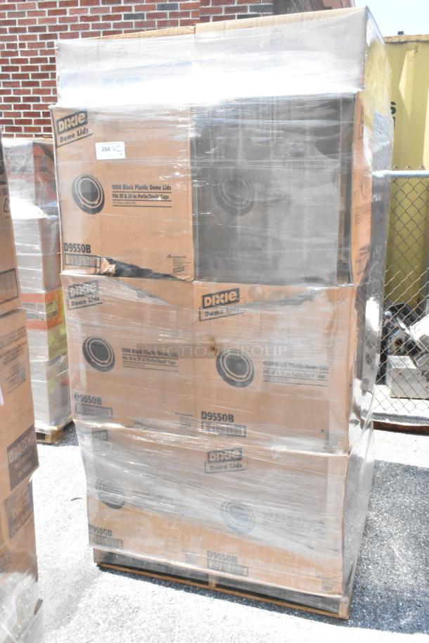 Pallet of 40 boxes of Dixie D9550B black plastic dome lids, shrink-wrapped, labeled for PerfectTouch cups, new condition.