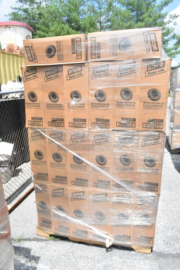 40 boxes of Dixie D9550B Black Plastic Dome Lids, brand new, in original packaging, visibly labeled for quality assurance.