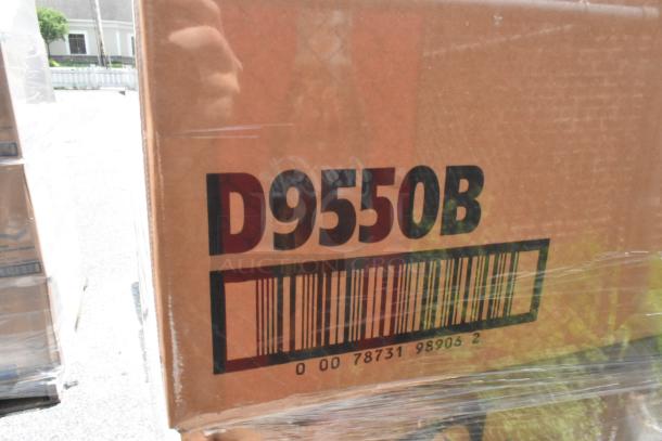 Boxes of Dixie D9550B Black Plastic Dome Lids, brand new scratch and dent condition, barcode visible on packaging.