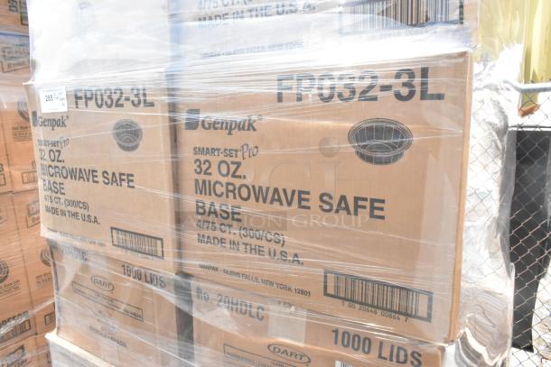 Genpak 32 oz microwave safe bases and Dart lids, new, in original packaging. Scratch and dent items, Made in USA.