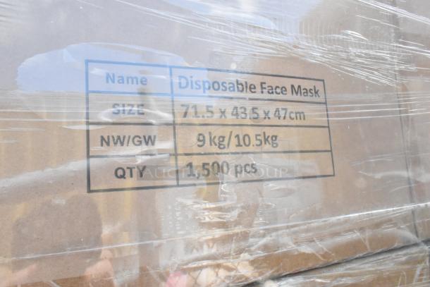 13 sealed boxes of KN95 face masks, labeled as disposable. Each box: 71.5x43.5x47 cm, 1,500 pcs, NW/GW 9/10.5 kg.