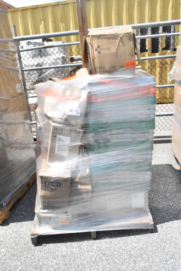 Pallet of 27 new scratch and dent items including glasses and plastic lids, wrapped in plastic. Boxes show brand and size labels.