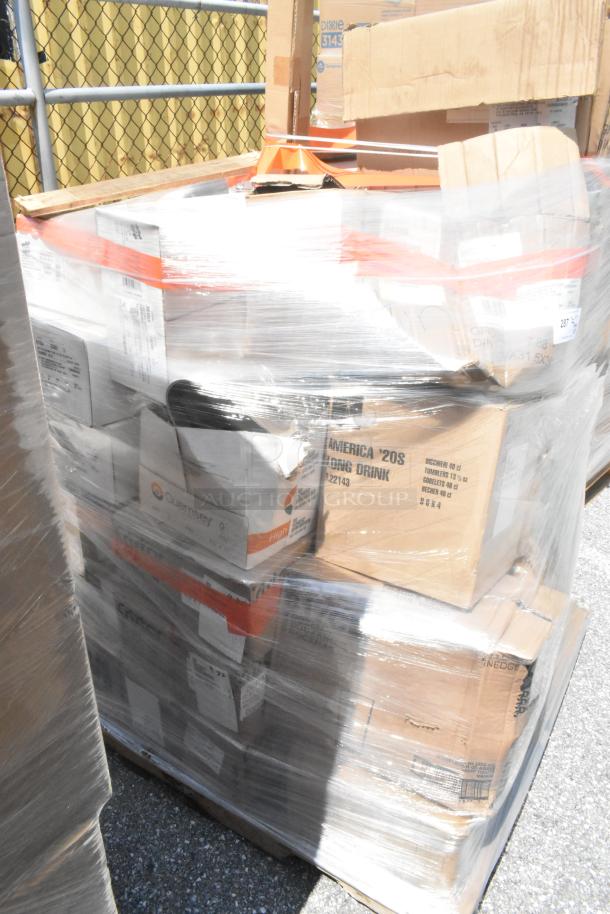 Shrink-wrapped pallet of 27 brand new scratch and dent items, including glasses and plastic lids, visible cardboard boxes.