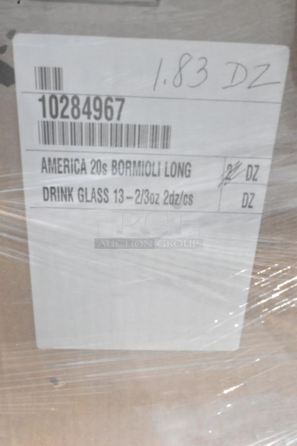 Box with label for America 20s Bormioli long drink glasses, 13-2/3 oz, 2 dozen per case. Marked 1.83 dozen.