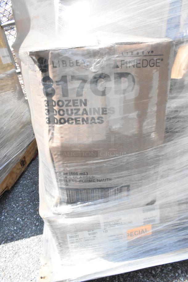 Libbey Finedge box containing 3 dozen glasses. Pallet wrapped, marked "SPECIAL". New scratch and dent items.