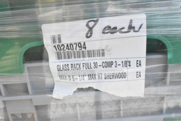 Label on glass rack packaging shows "Glass Rack Full 30-Comp 3-1/8"" and "Max D 5-1/4"" Max HT Sherwood." Quantity: 8 each.
