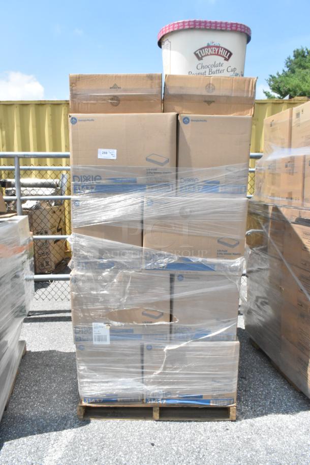 Pallet with 24 new scratch and dent boxes of Dixie napkins and dome lids, wrapped in plastic for auction.