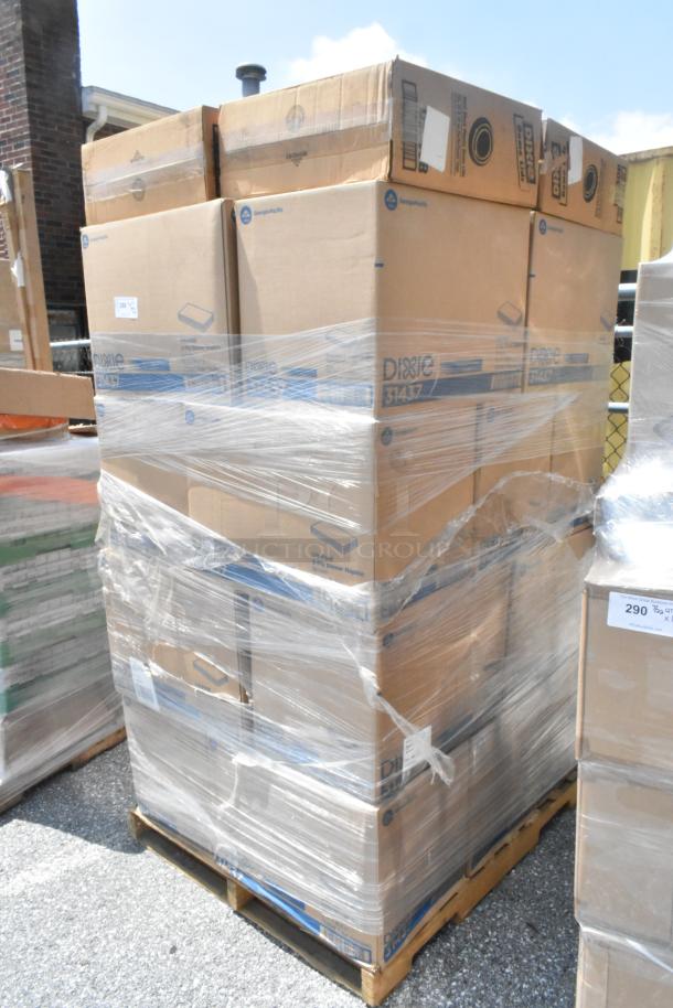 Pallet of 24 new scratch and dent items, including Dixie napkins and dome lids, wrapped in plastic for auction.