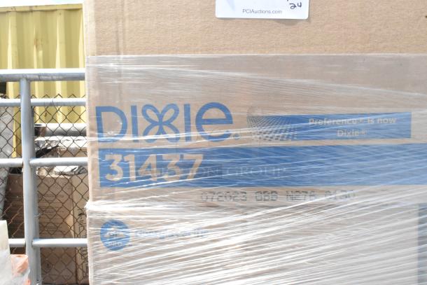 Shrink-wrapped box labeled "Dixie 31437." Contains 24 scratch and dent items, including napkins and dome lids. New condition.