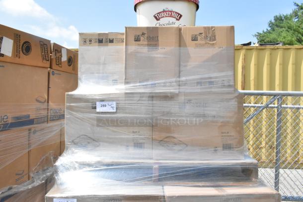 16 brand new scratch and dent boxes of Sabert 46120F300NPLS Pulp Plus 20 oz containers, shrink-wrapped on a pallet.