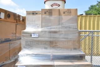 16 brand new scratch and dent boxes of Sabert 46120F300NPLS Pulp Plus 20 oz containers, shrink-wrapped on a pallet.