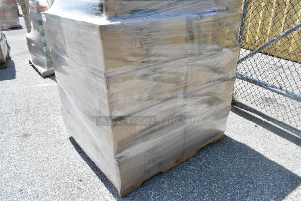 Pallet of 16 new boxes of 210EATBURG135K Micro Kraft Burger Boxes, shrink-wrapped, slight dents visible.