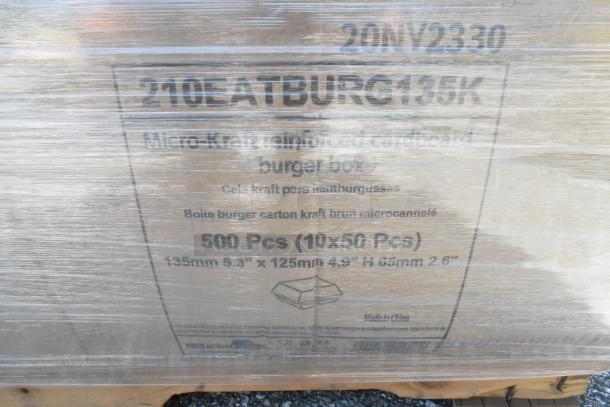 16 boxes of 210EATBURG135K Micro Kraft burger boxes. Each box: 500 pcs, 135mm x 125mm x 65mm. Made in China.