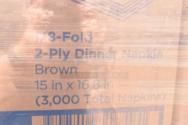 Boxes of Dixie 31437 1/8 Fold 2-Ply Dinner Napkins, brown, 15"x16.8", 3,000 total napkins per box, packaged in plastic wrap.