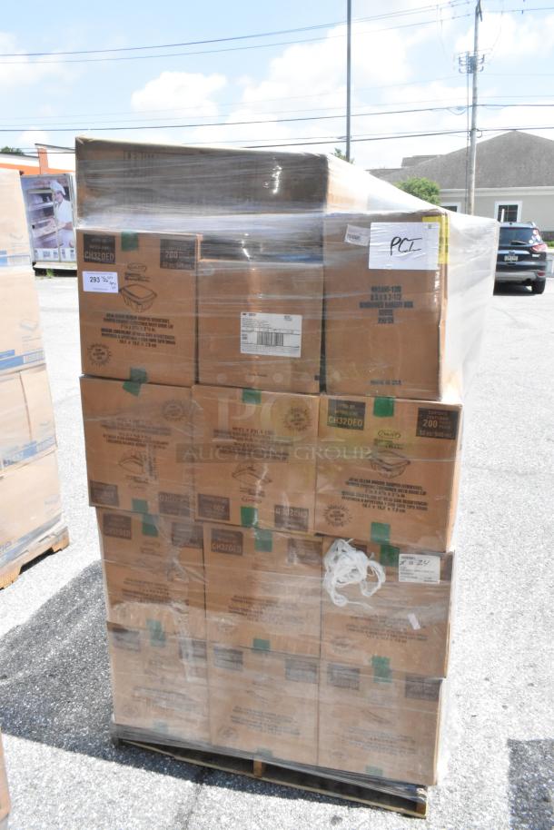 Pallet of 27 brand new Scratch and Dent boxes including Dart CH32DED 32 oz. containers and 3M Scotch sealing tape, wrapped in plastic.