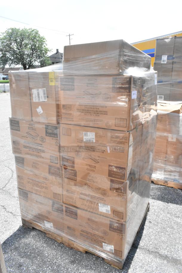 Pallet of 27 boxes including Dart CH32DED containers, cake boxes, and 3M Scotch tape, labeled "scratch and dent".