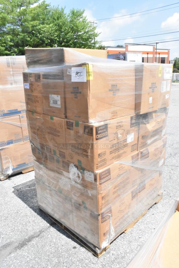 Pallet of 27 new boxes, including Dart CH32DED containers, cake boxes, and 3M Scotch tape, wrapped and labeled.