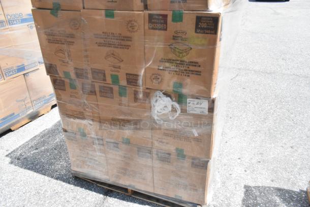 27 new boxes including Dart CH32DED ClearPac containers, cake boxes, and 3M Scotch tape. Sealed and palletized.