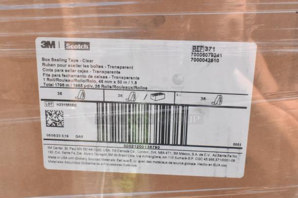 3M Scotch Box Sealing Tape label, clear, 48mm x 50m per roll, 36 rolls. Barcode and manufacturer details visible. Brand new.