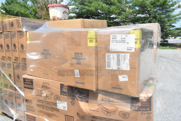 27 new boxes of Dart CH32DED To Go Containers, cake boxes, and 3M Scotch Tape. Items wrapped on pallet; labels show model details.