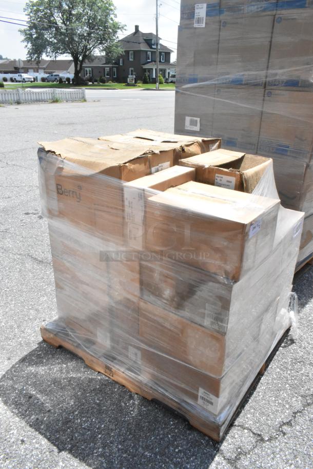 Pallet of 26 scratch and dent boxes, including napkins and platters. Boxes labeled "Berry." Wrapped in plastic.