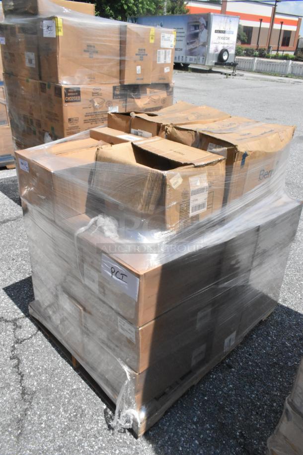 Pallet of 26 new scratch and dent boxes containing napkins and platters, wrapped in plastic, showing visible labels.