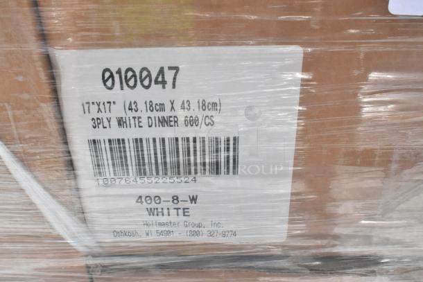 Clear plastic wrap covers a box labeled "3PLY WHITE DINNER 600/CS," measuring 17"x17". Brand: Hoffmaster Group, Inc.