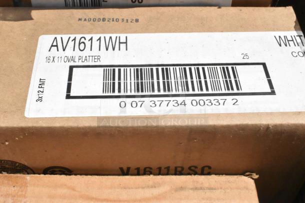 Cardboard boxes labeled AV1611WH containing 16x11 oval platters, barcode visible, part of scratch and dent auction lot.