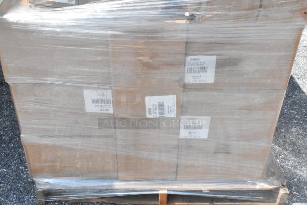 26 new scratch and dent boxes with napkins and platters, wrapped on a pallet. Labels note item details and codes.