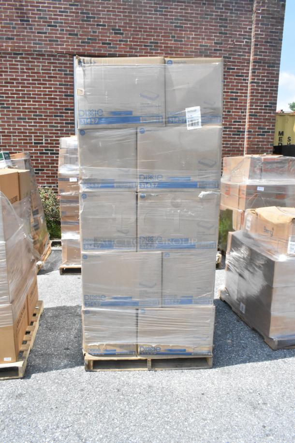 25 brand new boxes of Dixie 31437 1/8 fold 2-ply dinner napkins, stacked on a pallet, showing scratch and dent condition.