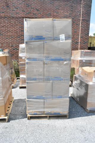 25 brand new boxes of Dixie 31437 1/8 fold 2-ply dinner napkins, stacked on a pallet, showing scratch and dent condition.