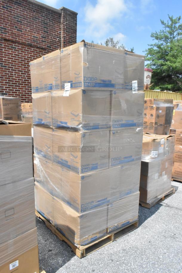 Multiple boxes of Dixie 31437 1/8 fold 2-ply dinner napkins on pallets, brand new with slight damage, wrapped in plastic.