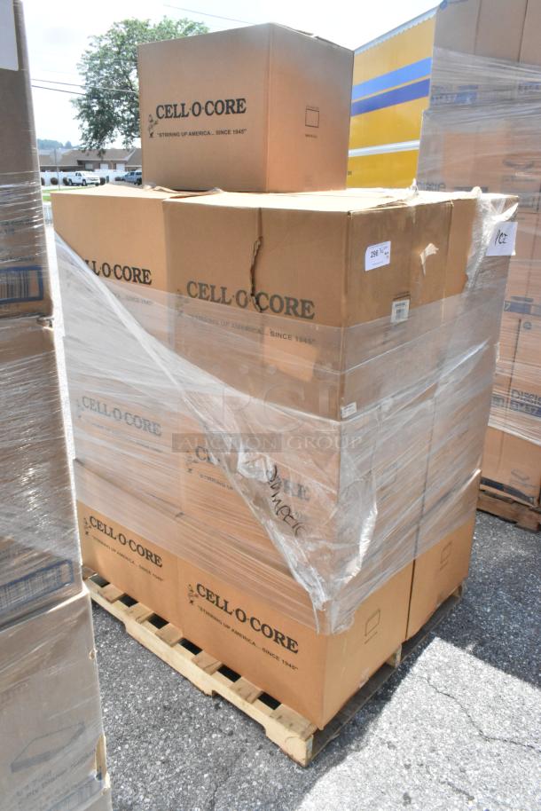 13 boxes of CelloCore GU824/300L black unwrapped straws. Scratch and dent condition, pallet-wrapped, tags visible.